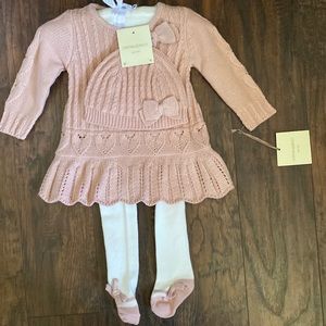 Gorgeous dusty pink sweater dress with matching hat and thick tights!
